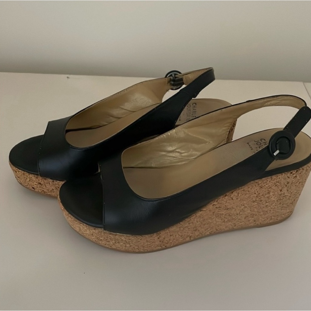 Charles Jourdan Women’s Black Slingback Wedge Cork Sandals Size 6.5